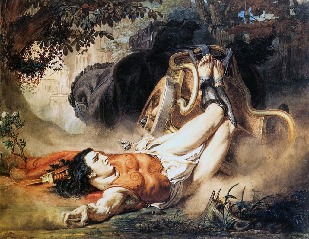Hippolyte avec les pieds ligotés, trainé derrière un char.