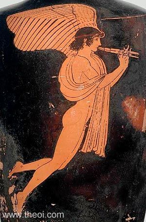 Éros le garçon avec des ailes jouant de la flûte. Gravure sur vase.