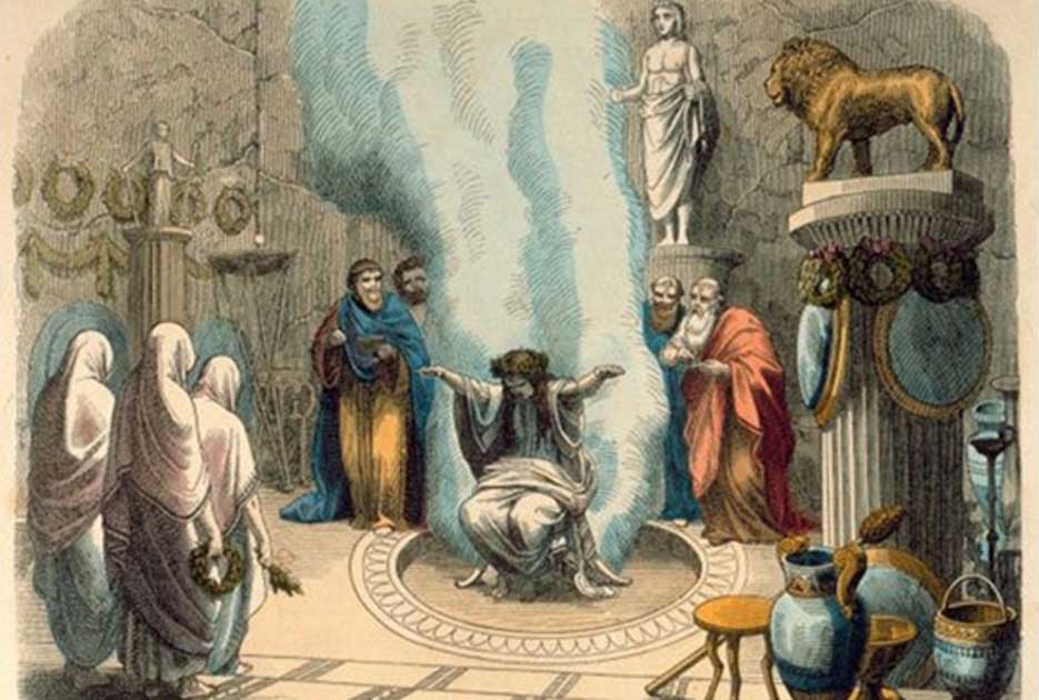Dessin d'une magicienne qui appelle un esprit, devant un petit groupe de requérants en Grèce antique.